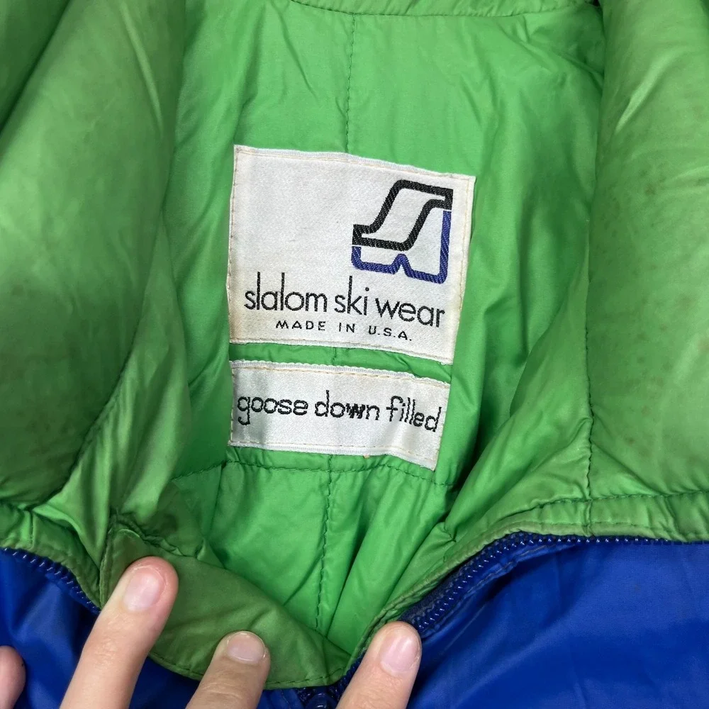 Slalom Ski Wear Goose Down Puffer‎ Jacket Blue Belted Winter Outdoor USA Made
